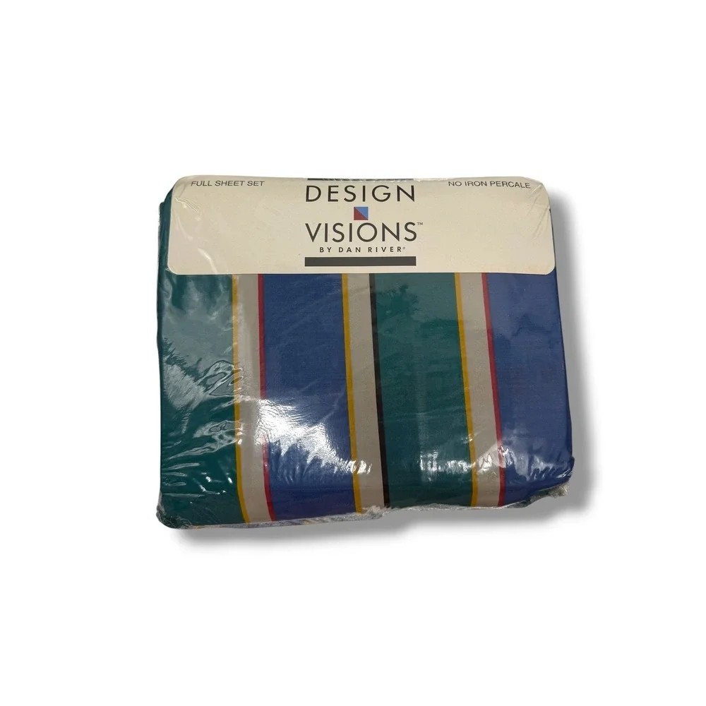 Design Visions Dan River Full Sheet Set Teal Blue Stripe Vintage 90s NOS Percale